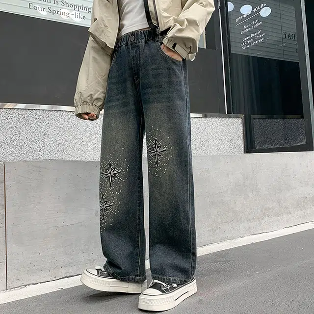 木木屋 时髦洋气时尚百搭星星松紧腰牛仔裤 青少年 蓝色