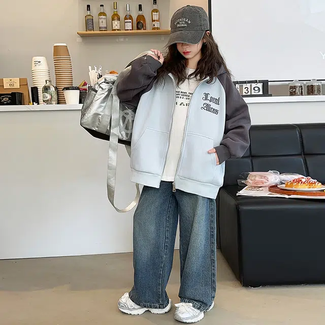 木木屋 简约字母舒适插肩长袖夹克外套 蓝色 青少年
