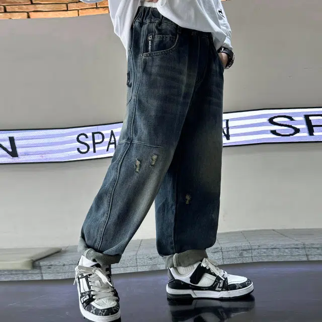 木木屋 松紧腰洋气简约舒适纯色休闲牛仔裤 青少年 蓝色