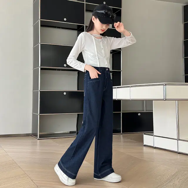 木木屋 柔软舒适时尚百搭纯色宽松牛仔裤 青少年 图片色