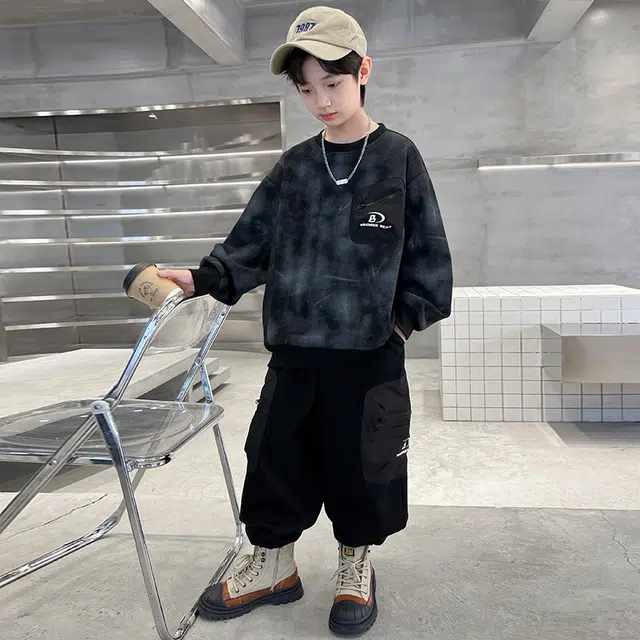 木木屋 时尚柔软亲肤洋气百搭个性潮流休闲运动套装 黑色青少年
