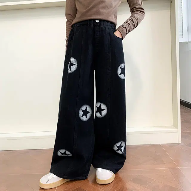 木木屋 星星图案松紧腰宽松百搭长裤 黑色青少年