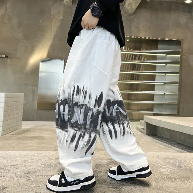 木木屋 时髦洋气潮流百搭字母印花宽松长裤 白色青少年