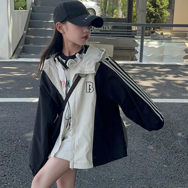 木木屋 时尚洋气拼色连帽字母条纹印花长袖夹克外套青少年