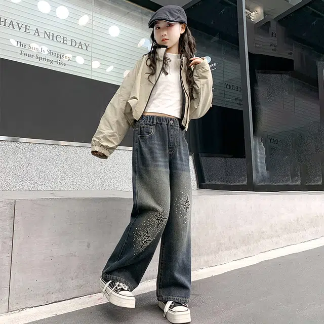 木木屋 时髦洋气时尚百搭星星松紧腰牛仔裤 青少年 蓝色
