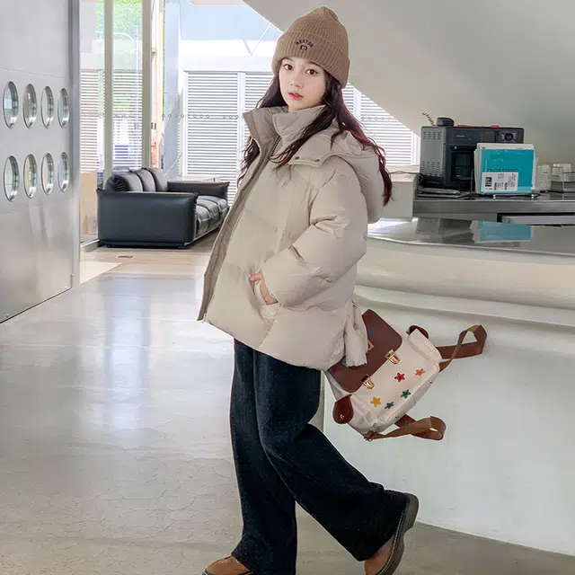 木木屋 连帽纯色洋气可爱长袖羽绒服 米白色 青少年