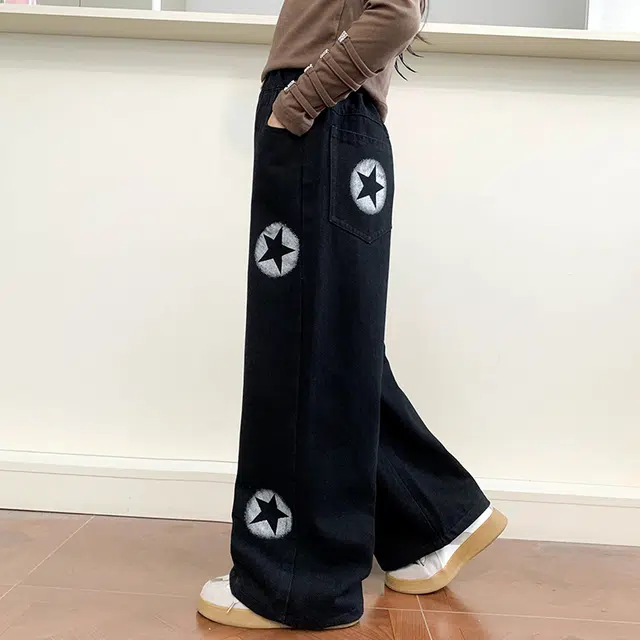 木木屋 星星图案松紧腰宽松百搭长裤 黑色青少年