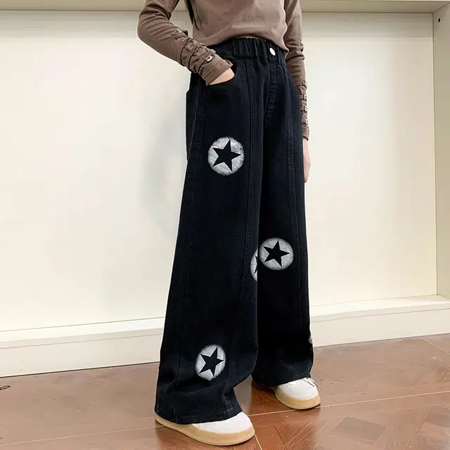 木木屋 星星图案松紧腰宽松百搭长裤 黑色青少年