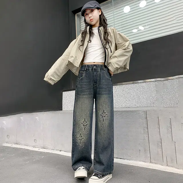 木木屋 时髦洋气时尚百搭星星松紧腰牛仔裤 青少年 蓝色