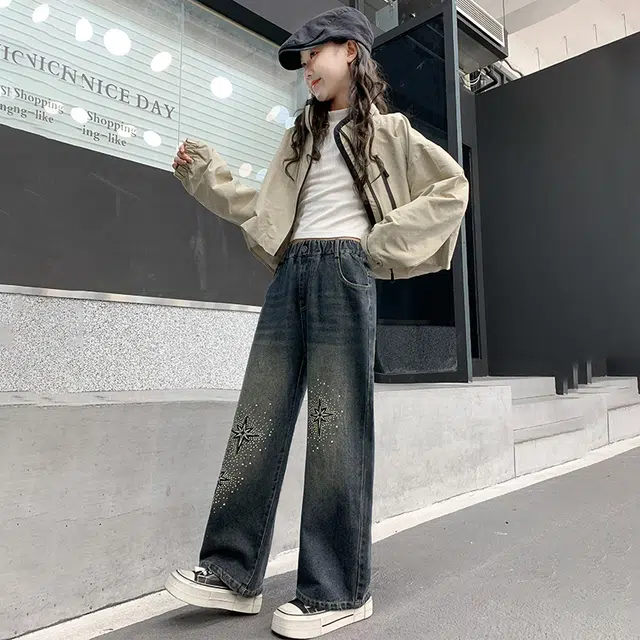 木木屋 时髦洋气时尚百搭星星松紧腰牛仔裤 青少年 蓝色