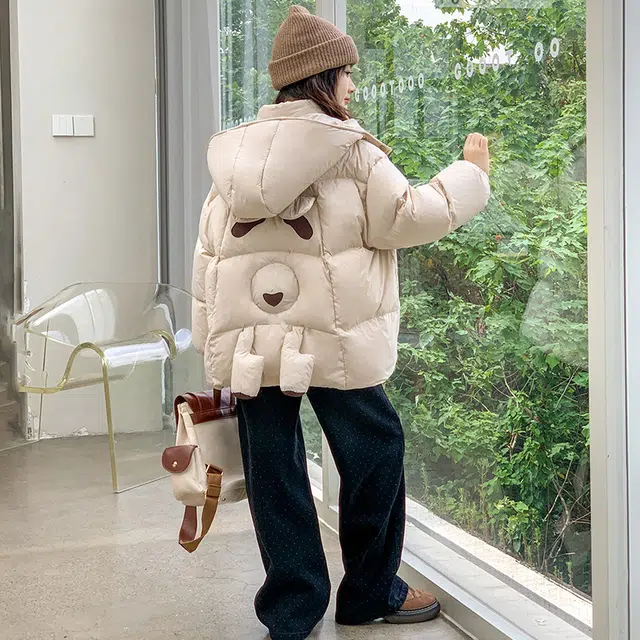 木木屋 连帽纯色洋气可爱长袖羽绒服 米白色 青少年