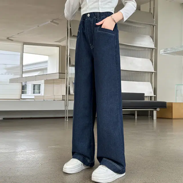 木木屋 柔软舒适时尚百搭纯色宽松牛仔裤 青少年 图片色