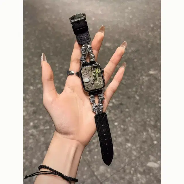 老佳 苹果适用 手表表带 皮质材质 串珠复古单圈皮带男女通用