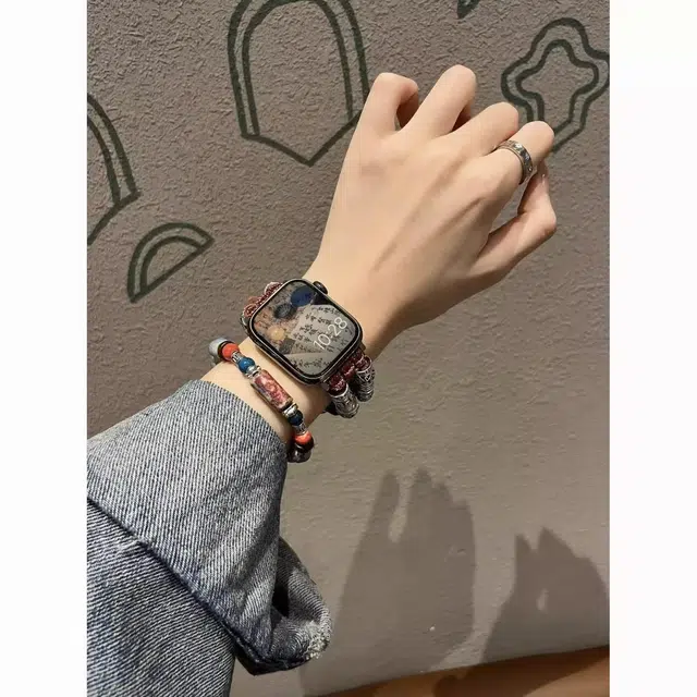 老佳 苹果适用 手表表带 皮质材质 串珠复古单圈皮带男女通用