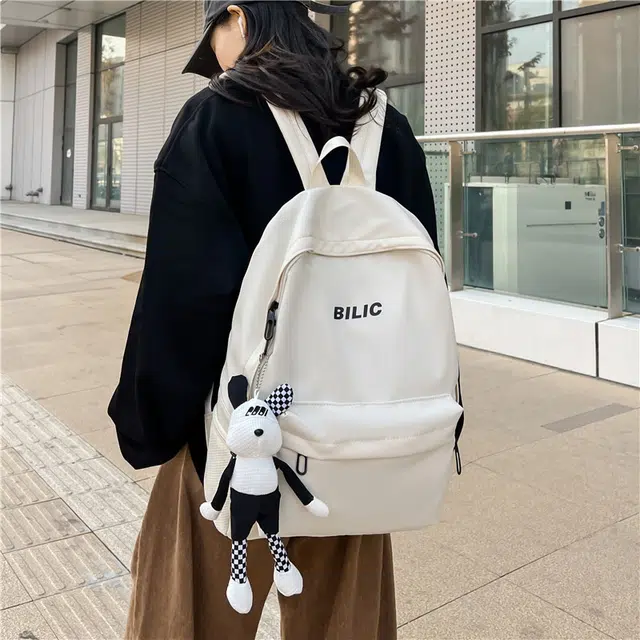 單倉 纯色简约字母原宿风初高中学生时尚潮流百搭旅行休闲 复合布 书包背包双肩包 常规 男女同款情侣款 灰色/黑色/酒红色/米白色
