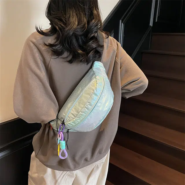 單倉 小众感炫彩变色时尚休闲 尼龙 单肩斜挎手机包腰包胸包 常规 男女同款情侣款 紫色/米白色/绿色