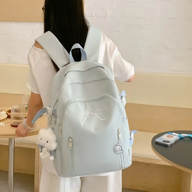 單倉 韩系可爱蝴蝶结设计初高中学生大容量书包简约通勤百搭背包 尼龙 双肩包 女款 米白色/黄色/粉色/蓝色/黑色