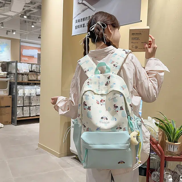 單倉 高颜值印花设计学院风轻便耐磨书包初高中学生大容量通勤百搭背包 尼龙 双肩包 常规 男女同款情侣款 黑色/粉色/蓝色/绿色/黄色