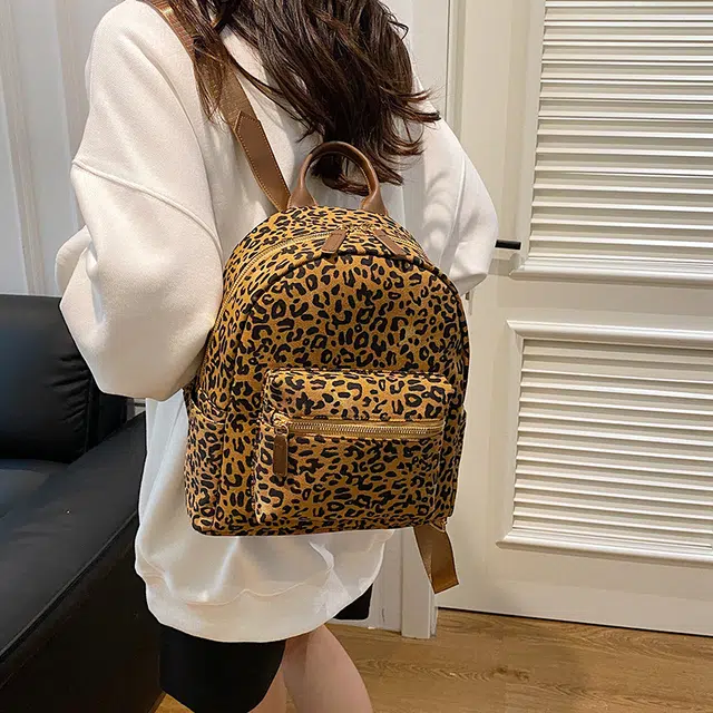 單倉 韩版时尚小众设计豹纹个性 针织布 双肩包 女款 棕色/咖色