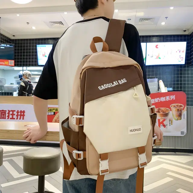 單倉 韩版休闲简约拼色初高中学生大容量通勤百搭背包 尼龙 双肩包 男女同款情侣款 多色