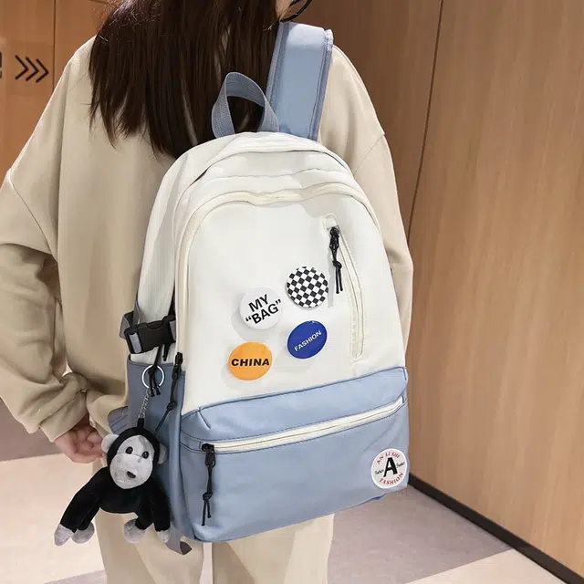 單倉 潮流简约设计大容量初高中学生轻便百搭书包 尼龙 背包双肩包 常规 男女同款情侣款 黑色/黑配白/浅蓝配白/深蓝配白