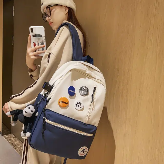 單倉 潮流简约设计大容量初高中学生轻便百搭书包 尼龙 背包双肩包 常规 男女同款情侣款 黑色/黑配白/浅蓝配白/深蓝配白