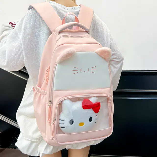 單倉 高颜值可爱猫咪时尚设计学院风通勤百搭背包初高中学生大容量轻便耐磨书包 尼龙 双肩痛包 常规 女款 粉色/酒红色/咖色/黑色/紫色