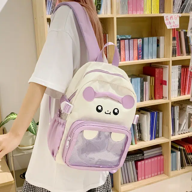 單倉 日系可爱卡通设计学院风轻便耐磨背包初高中学生大容量通勤百搭书包 尼龙布 双肩包 常规 女款 白色/粉色/蓝色/紫色/黑色