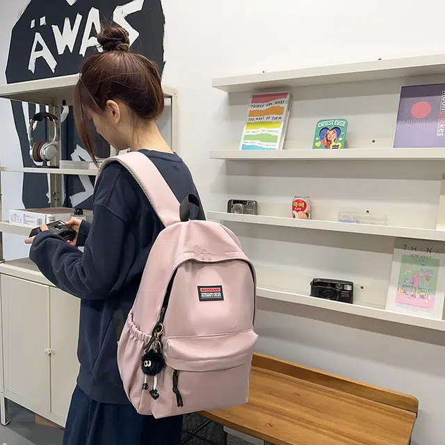 單倉 日系简约休闲学院风通勤百搭初高中学生大容量轻便设计感书包 尼龙 背包双肩包 男女同款情侣款 黑色/白色/粉色/灰色/蓝色/绿色