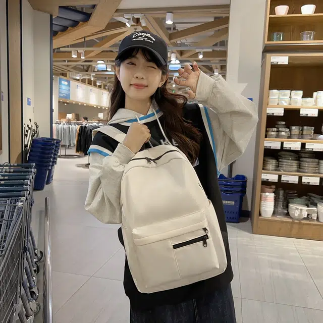 單倉 高级感简约设计学院风通勤百搭背包初高中学生大容量轻便耐磨书包 尼龙 双肩包 常规 男女同款情侣款 白色/粉色/蓝色/绿色/黑色