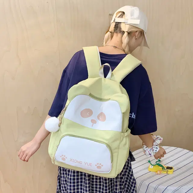 單倉 可爱熊猫设计轻便耐磨背包学院风初高中学生大容量通勤百搭书包 尼龙布 双肩包 常规 男女同款情侣款 黑色/粉色/红色/黄色/卡其色
