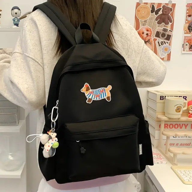 單倉 日系可爱腊肠狗书包初高中大学生简约百搭小清新卡通短途旅行 复合布 背包双肩包 男女同款情侣款 白色/蓝色/黑色/绿色