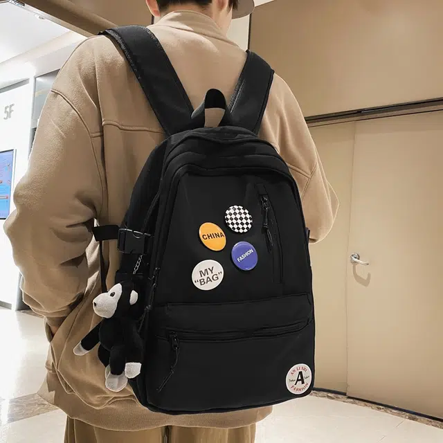 單倉 潮流简约设计大容量初高中学生轻便百搭书包 尼龙 背包双肩包 常规 男女同款情侣款 黑色/黑配白/浅蓝配白/深蓝配白