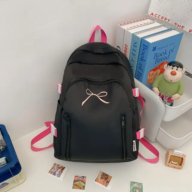 單倉 韩系可爱蝴蝶结设计初高中学生大容量书包简约通勤百搭背包 尼龙 双肩包 女款 米白色/黄色/粉色/蓝色/黑色