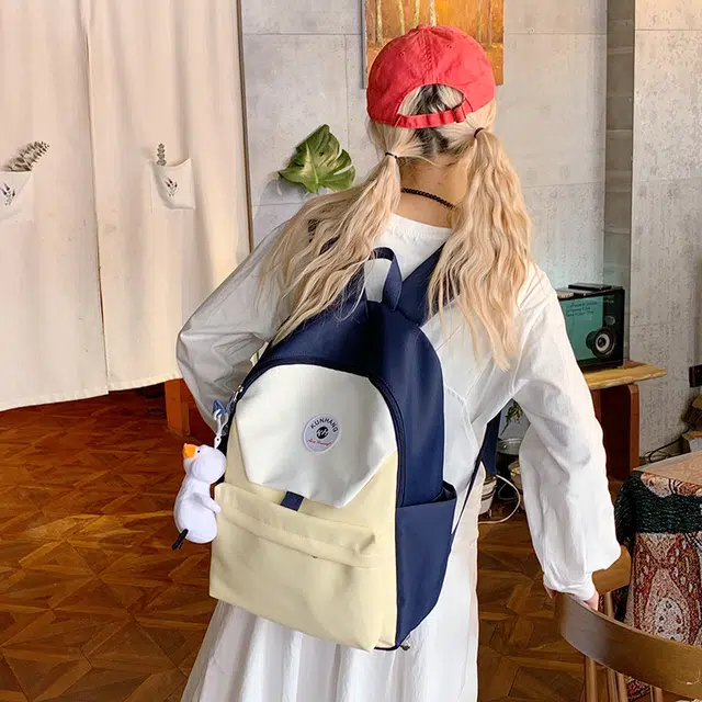 單倉 马卡龙轻便简约撞色日系初高中学生书包小众设计休闲旅行大容量背包 尼龙布 双肩包 男女同款情侣款 粉红色/黄色/蓝色/绿色