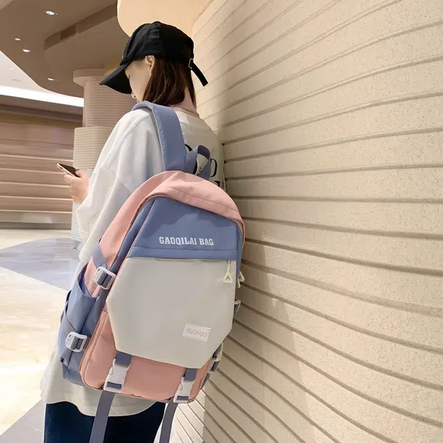 單倉 韩版休闲简约拼色初高中学生大容量通勤百搭背包 尼龙 双肩包 男女同款情侣款 多色