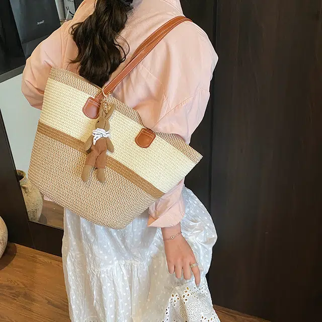 單倉 编织海边沙滩托特包 草编 手提单肩包 女款 卡其色/黑色