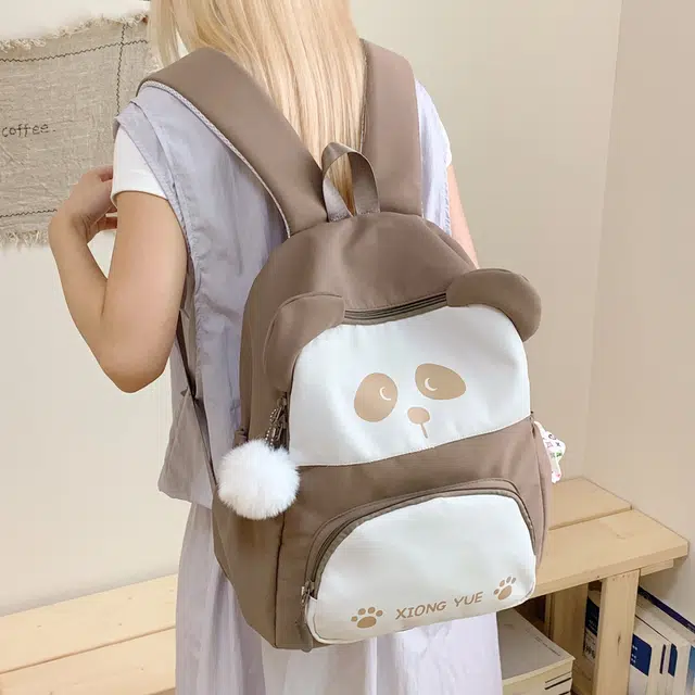 單倉 可爱熊猫设计轻便耐磨背包学院风初高中学生大容量通勤百搭书包 尼龙布 双肩包 常规 男女同款情侣款 黑色/粉色/红色/黄色/卡其色