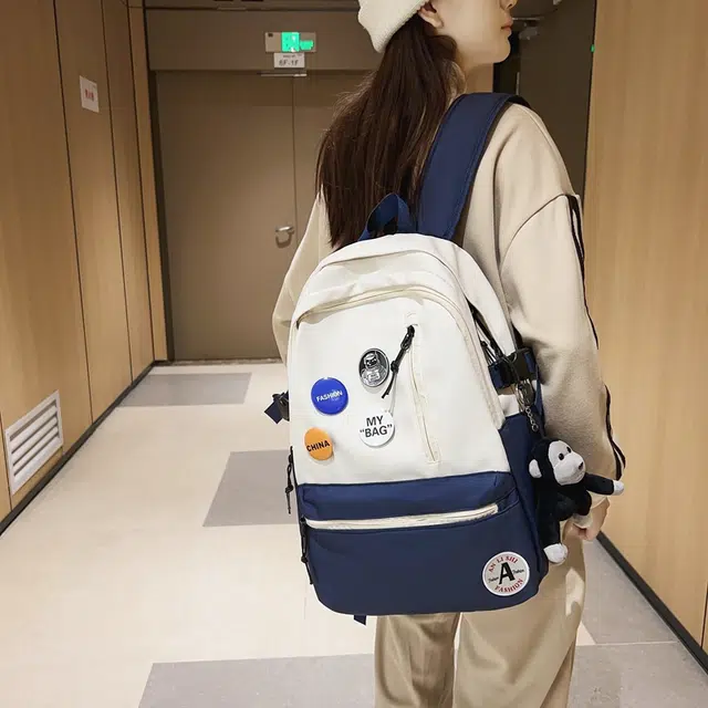 單倉 潮流简约设计大容量初高中学生轻便百搭书包 尼龙 背包双肩包 常规 男女同款情侣款 黑色/黑配白/浅蓝配白/深蓝配白
