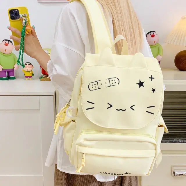 單倉 高颜值可爱猫咪日系可拆卸学院风轻便耐磨背包初高中学生大容量通勤百搭书包 尼龙布 双肩痛包 常规 女款 黄色/绿色/蓝色/黑色
