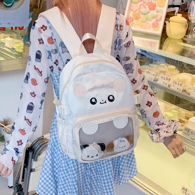 單倉 日系可爱卡通设计学院风轻便耐磨背包初高中学生大容量通勤百搭书包 尼龙布 双肩包 常规 女款 白色/粉色/蓝色/紫色/黑色