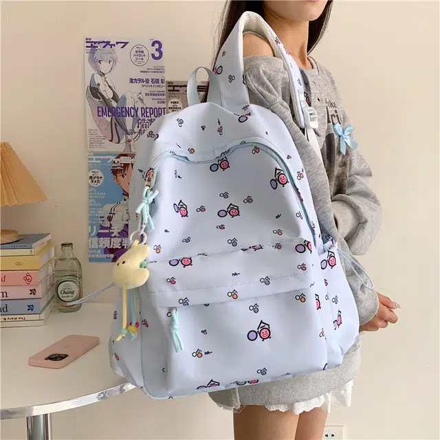 單倉 清新可爱卡通碎花设计感轻便耐磨背包初高中学生大容量通勤百搭书包 牛津布 双肩包 常规 男女同款情侣款 白色/黄色/蓝色/粉色
