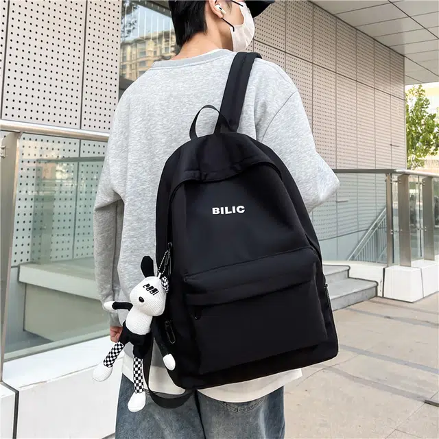 單倉 纯色简约字母原宿风初高中学生时尚潮流百搭旅行休闲 复合布 书包背包双肩包 常规 男女同款情侣款 灰色/黑色/酒红色/米白色