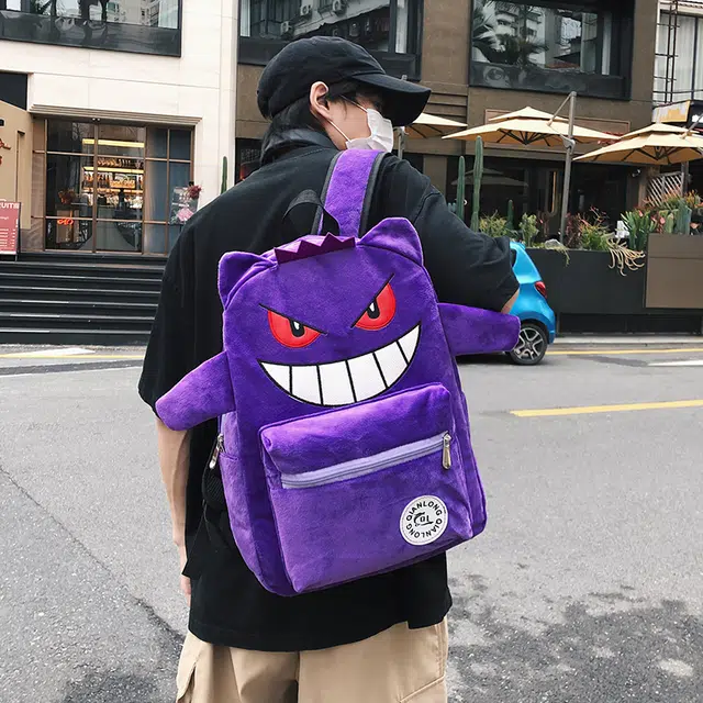 單倉 小众设计休闲百搭个性潮酷书包初高中学生大容量卡通搞怪吸睛 毛绒 电脑背包双肩包 常规 男女同款情侣款 黑色