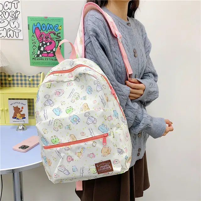 單倉 高颜值可爱卡通印花时尚设计通勤百搭学院风背包初高中学生大容量轻便耐磨书包 尼龙 双肩包 常规 女款 粉色/蓝色