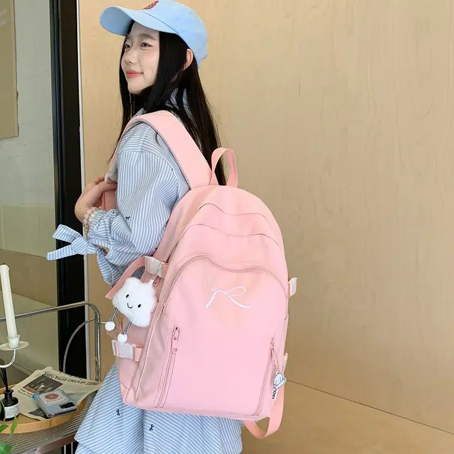 單倉 韩系可爱蝴蝶结设计初高中学生大容量书包简约通勤百搭背包 尼龙 双肩包 女款 米白色/黄色/粉色/蓝色/黑色