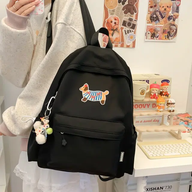 單倉 日系可爱腊肠狗书包初高中大学生简约百搭小清新卡通短途旅行 复合布 背包双肩包 男女同款情侣款 白色/蓝色/黑色/绿色