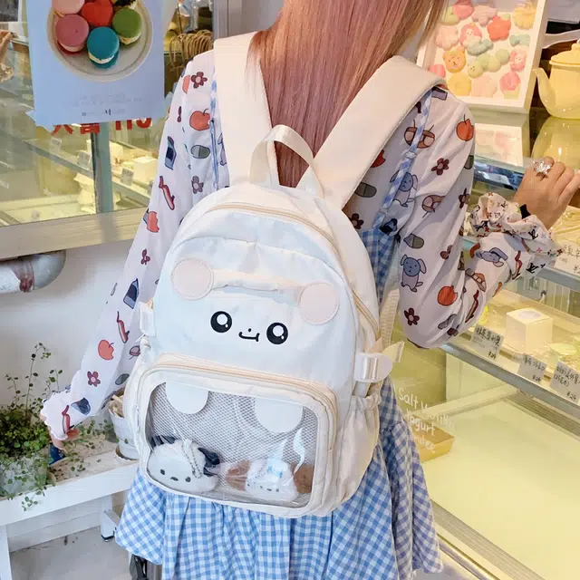 單倉 日系可爱卡通设计学院风轻便耐磨背包初高中学生大容量通勤百搭书包 尼龙布 双肩包 常规 女款 白色/粉色/蓝色/紫色/黑色
