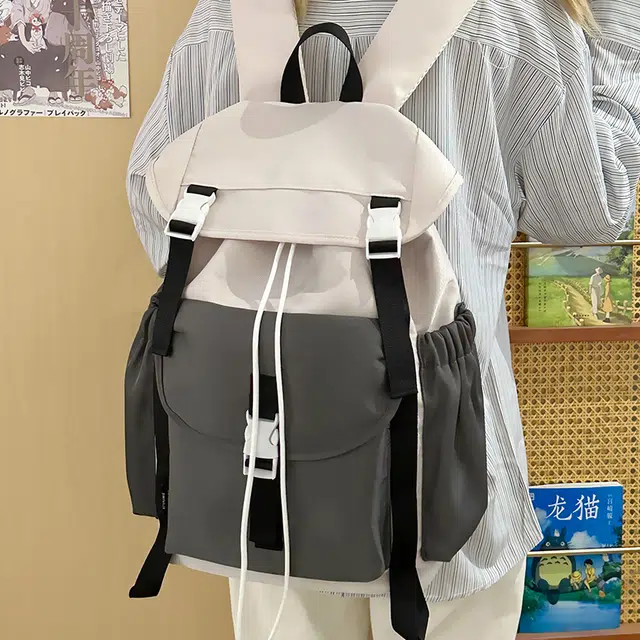 單倉 小众时尚撞色百搭潮流初高中学生大容量 尼龙布 书包背包双肩包 常规 男女同款情侣款 蓝色/灰色/绿色/桔色