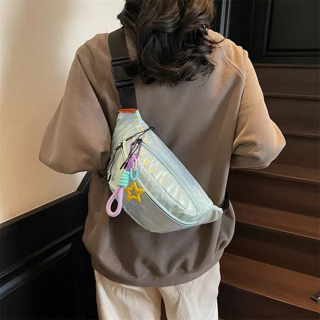 單倉 小众感炫彩变色时尚休闲 尼龙 单肩斜挎手机包腰包胸包 常规 男女同款情侣款 紫色/米白色/绿色